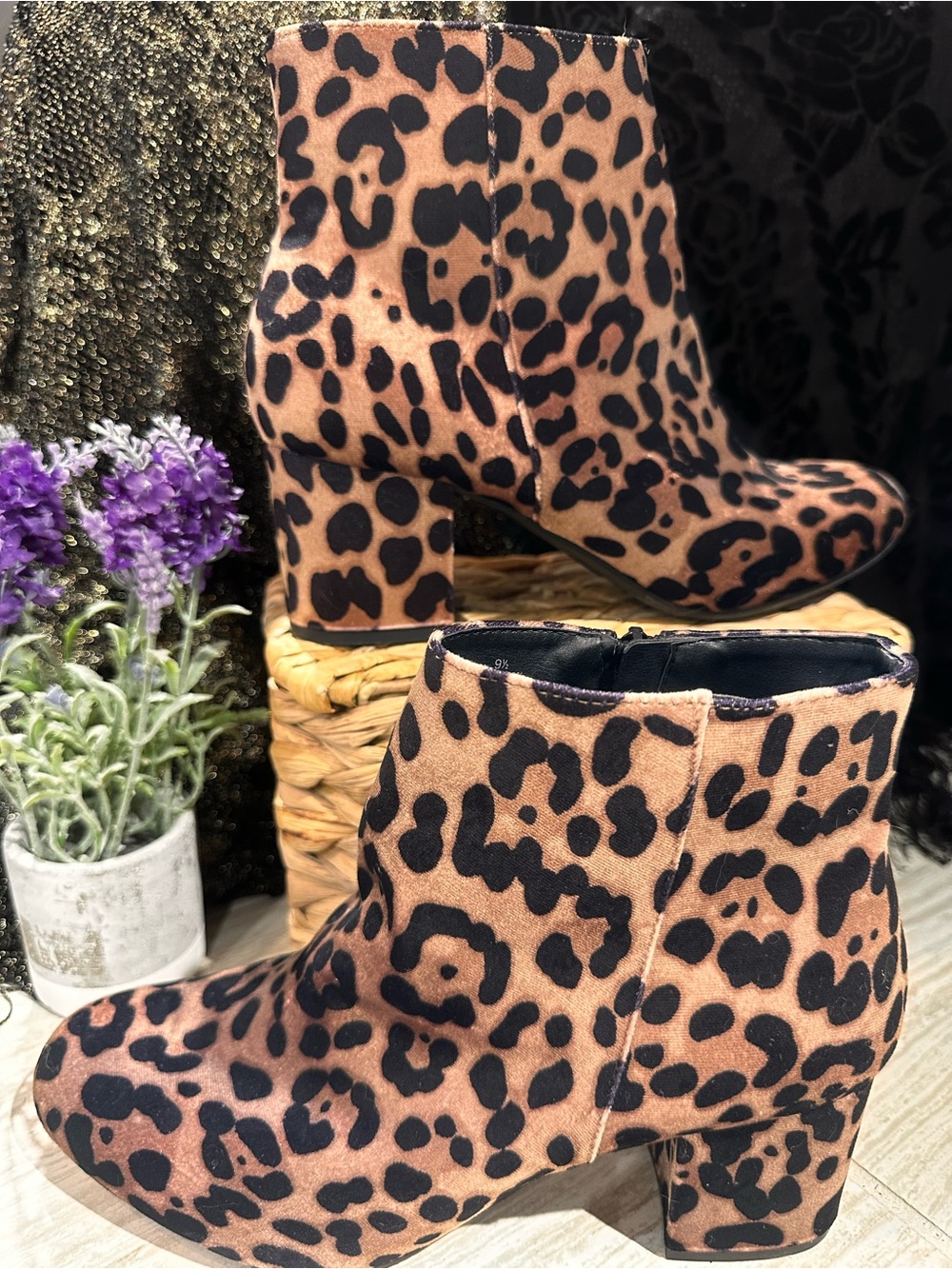 a new day Leopard Print Block Heel Ankle Boots in Tan and Black